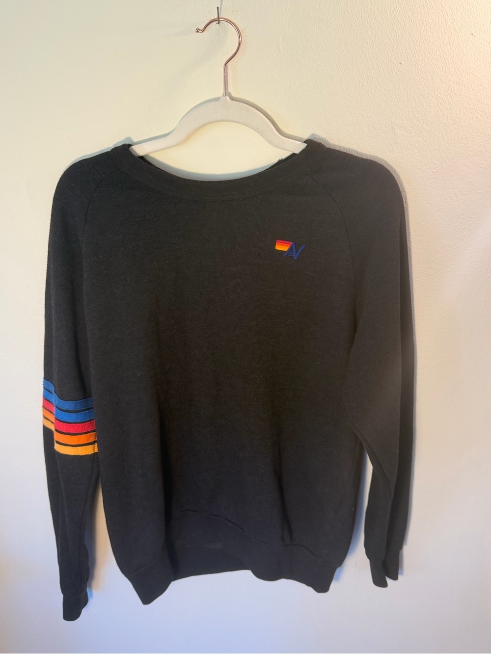 Aviator Nation Black Crewneck Sweatshirt Size S with Multicolor Stripe Detail